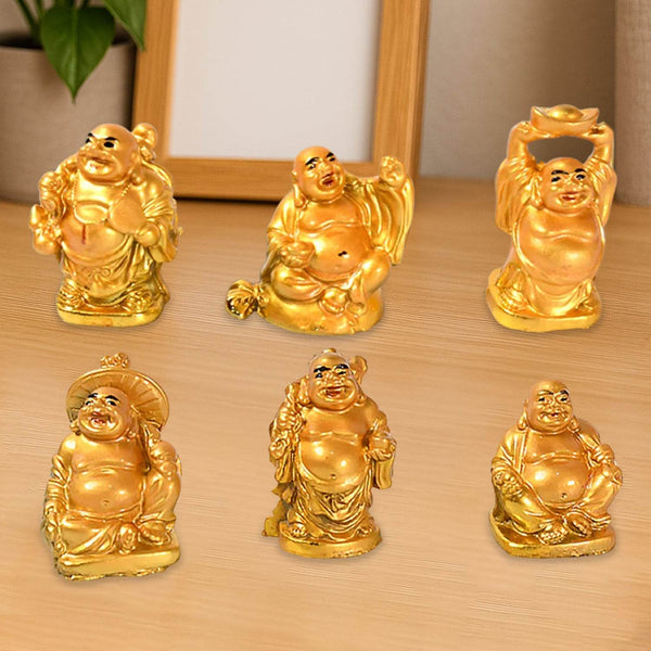 Golden Laughing Buddha Set Of Six Pieces Statue For Happiness, Wealth & Good luck Decor For Wealth and Success (6 Pcs Set) - dailyneed.life
