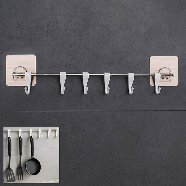 Stainless Steel Utensil Hanger Rail Nail Free Wall Mount with 2 Magic Stickers & 6 Plastic Hooks For Kitchen - dailyneed.life