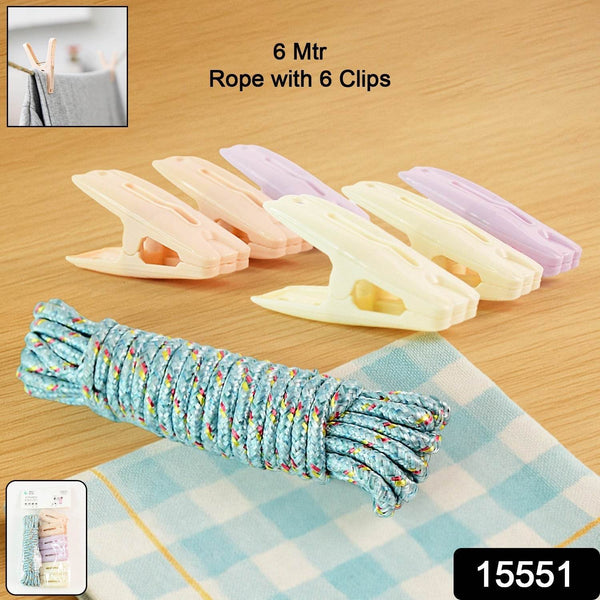 Clothesline Rope with 6 Clips – 6 Meter Approx Heavy Duty Laundry Drying Rope with Clip - dailyneed.life