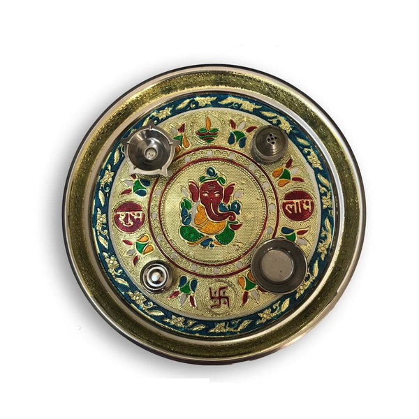 Stainless Steel Pooja thali Decorate with Golden Chain Colourful Diamond Chain Pearl Fancy Stones - dailyneed.life