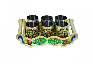 Peacock Design Glass with Handle and Handicraft Serving Tray Set - dailyneed.life
