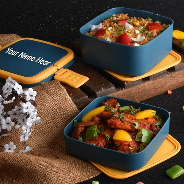 Customized BLUE DOUBLE-LAYER PORTABLE LUNCH BOX STACKABLE WITH CARRYING HANDLE AND SPOON LUNCH BOX , Bento Lunch Box - dailyneed.life