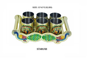 Peacock Design Glass with Handle and Handicraft Serving Tray Set - dailyneed.life
