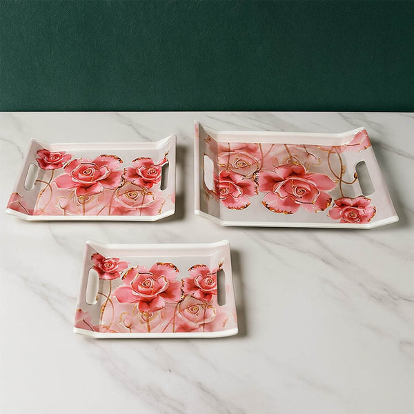 Plastic Rectangular Shape Flower Printed Design Serving Tray 3 pcs Home and Kitchen Use (3 pcs set) - dailyneed.life