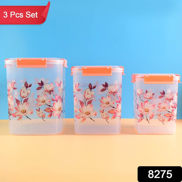 Square 3 Pcs Floral Printed Airtight Storage Container Set – Approx 2.8 Ltr, 4.5 Ltr, 6.9 Ltr (3 Pcs Set) - dailyneed.life