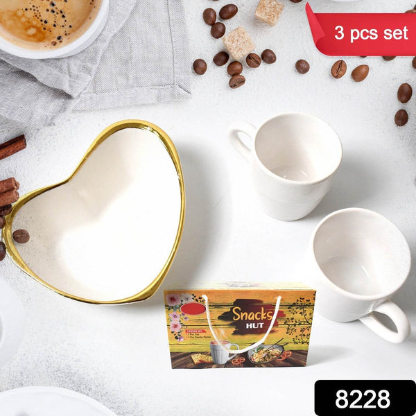 Snacks Hut Ceramic Tea / Cups Set With Heart Shape Plastic Serving Platter, Milk Cup / Mug, Coffee Cup, Tea Cup BPA Free Food Grade, or Outdoor for Household Gift For Birthday (3 Pcs Set) - dailyneed.life