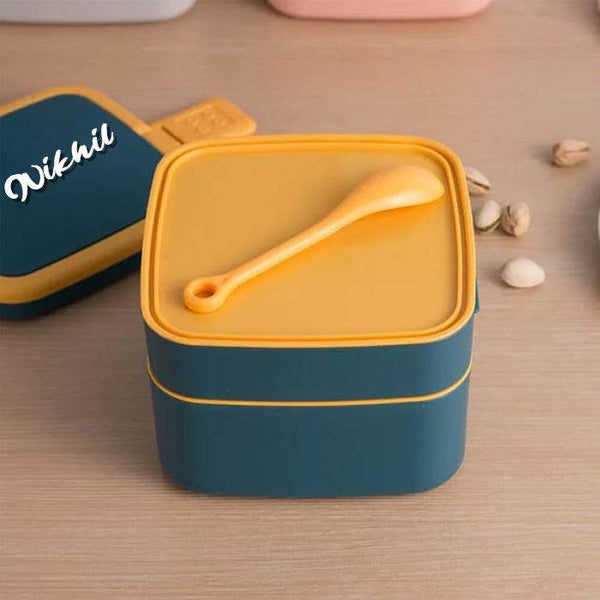 Customized BLUE DOUBLE-LAYER PORTABLE LUNCH BOX STACKABLE WITH CARRYING HANDLE AND SPOON LUNCH BOX , Bento Lunch Box - dailyneed.life