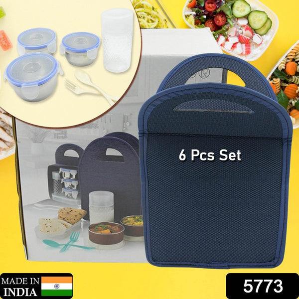 6In1 Tiffin Box-Lunch Box | 3 Stainless Steel Containers | Plastic lid Box | Spoon & Fork /Plastic Bottle | Insulated Fabric Bag | Leak Proof | Microwave Safe for Office, College and School for Men, Women (6 pcs) - dailyneed.life