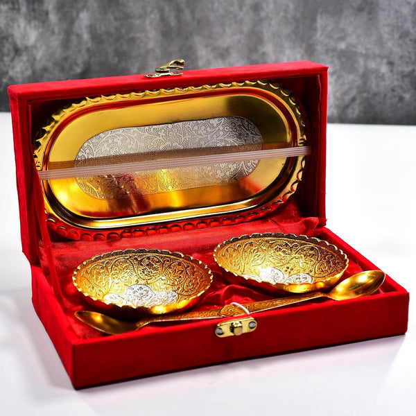 Gold Silver Plated 2 Bowl 2 Spoon Tray Set Brass with Red Velvet Gift Box Serving Dry Fruits Desserts Gift - dailyneed.life