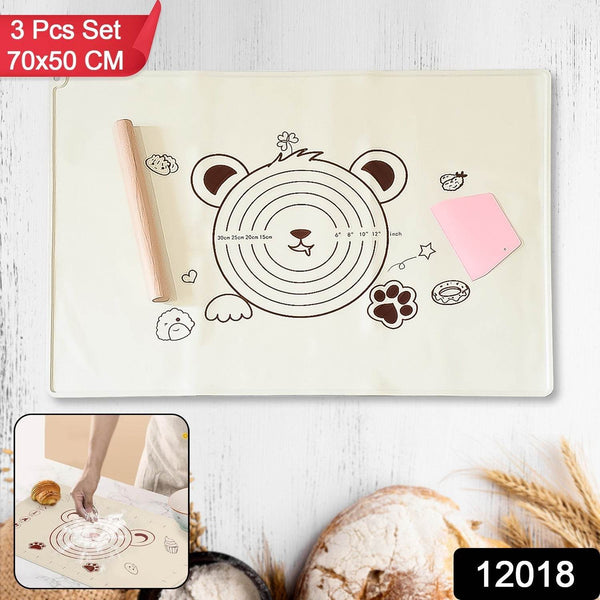 3 In 1 Heavy Silicone Baking Mat With Wooden Belan & Cake Scraper (3 Pcs Set / 70×50 CM) - dailyneed.life