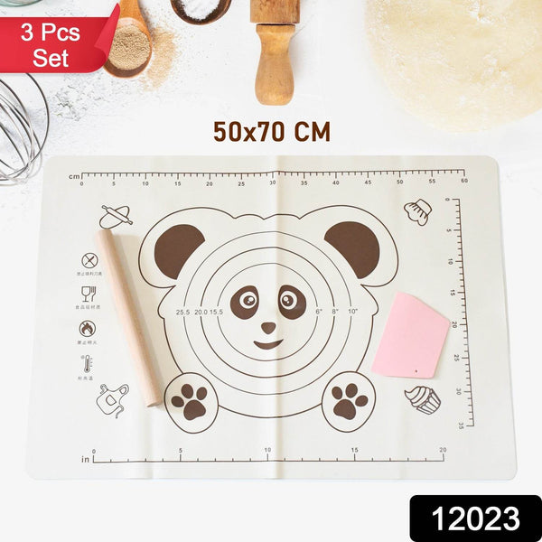 3 In 1 Silicone Baking Mat With Wooden Belan & Cake Scraper (3 Pcs Set / 50×70 CM) - dailyneed.life