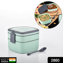 GREEN DOUBLE-LAYER PORTABLE LUNCH BOX STACKABLE WITH CARRYING HANDLE AND SPOON LUNCH BOX , Bento Lunch Box - dailyneed.life