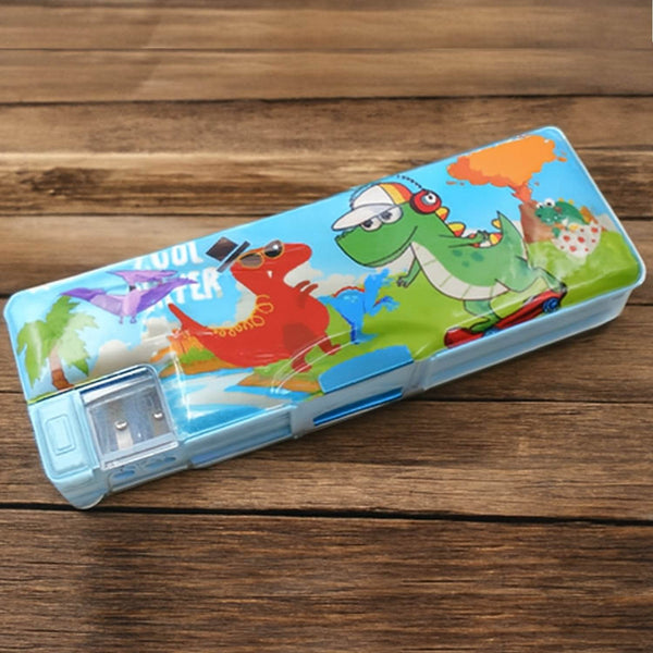 Plastic Multipurpose Compass Box – Double Deck Pencil Case with 2 Compartments & Cartoon Organizer (1 Pc, Mix Design) - dailyneed.life