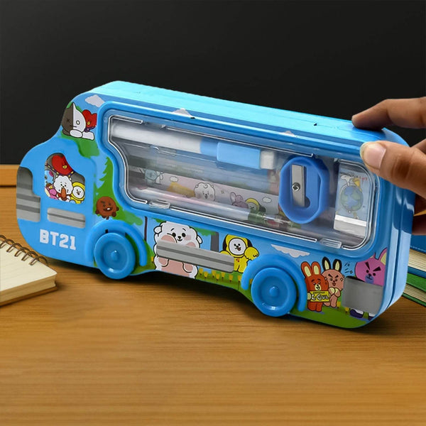 Bus Shape Compass Box for Boys, Kids School Accessories | Pencil Box with Wheels for Girls and Kids, String Operated Case Students School Supplies - Stationery Set Organizer Birthday Return Gift for Kids - dailyneed.life