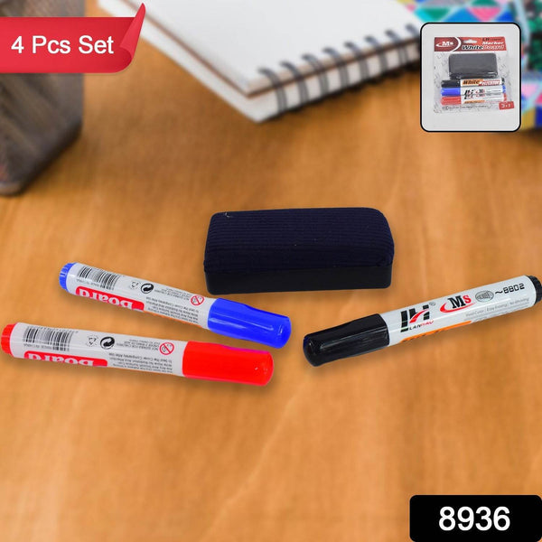Whiteboard Marker Set (Blue, Black, Red) with Board Duster - Pack of 4 - dailyneed.life
