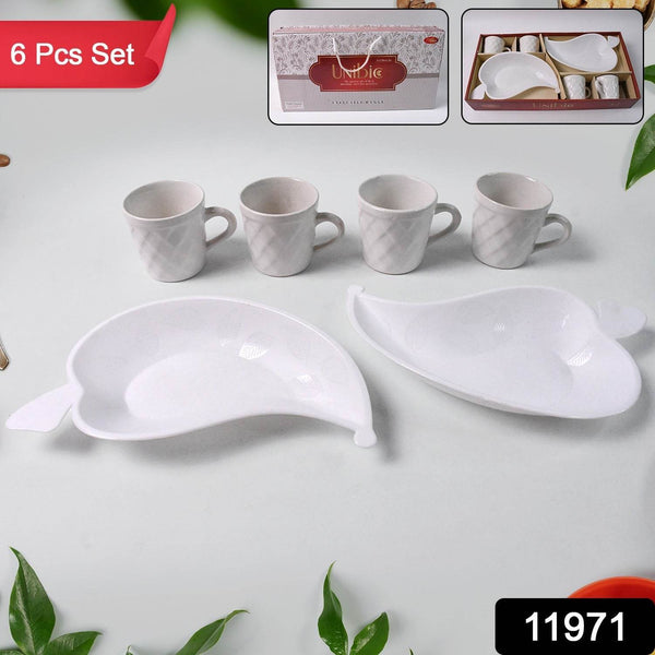 Unibic Ceramic Tea Cups With Plastic Leaf Shape tray / Platter (6 Pcs Set) - dailyneed.life