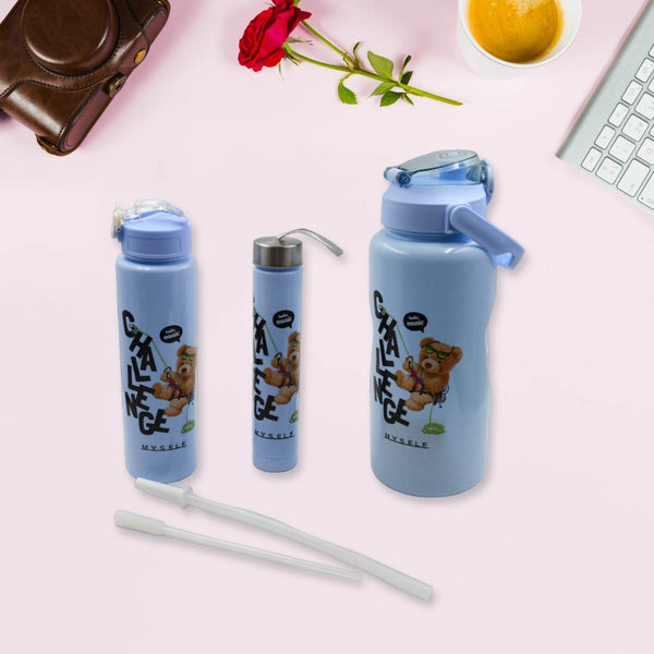 Plastic Water Bottle Set – BPA-Free, Leak-Proof, Cartoon Design for Kids & Gym (3 Pc Set) - dailyneed.life