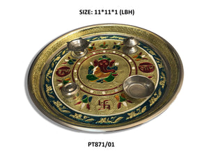 Stainless Steel Pooja thali Decorate with Golden Chain Colourful Diamond Chain Pearl Fancy Stones - dailyneed.life