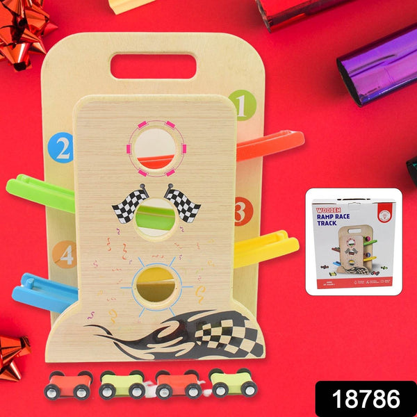 Wooden Ramp Racer Race Track Vehicle Play sets With 4 Mini Racers (with Handle) - dailyneed.life