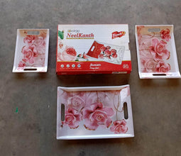 Plastic Rectangular Shape Flower Printed Design Serving Tray 3 pcs Home and Kitchen Use (3 pcs set) - dailyneed.life