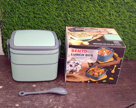 GREEN DOUBLE-LAYER PORTABLE LUNCH BOX STACKABLE WITH CARRYING HANDLE AND SPOON LUNCH BOX , Bento Lunch Box - dailyneed.life