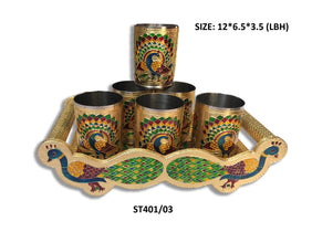 Peacock Design Glass with Handle and Handicraft Serving Tray Set - dailyneed.life