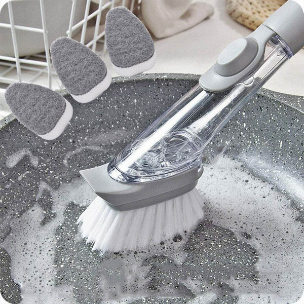 Dish Scrubber with Soap Dispenser, Soap Dispensing Dish Brush Set, Dishwashing Brushes Kitchen Scrub Dish Wand for Dishes Sink Pot Pan Cleaning and Washing,1 Handle,3Refill Replacement Head - dailyneed.life