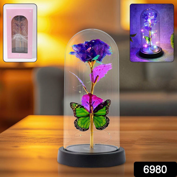 LED Preserved Rose with Colorful Butterfly in Plastic Dome (1 Pc & Mix Color) - dailyneed.life