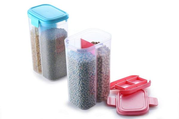Plastic 2 Sections Air Tight Transparent Food Grain Cereal Storage Container (2 ltr) - dailyneed.life