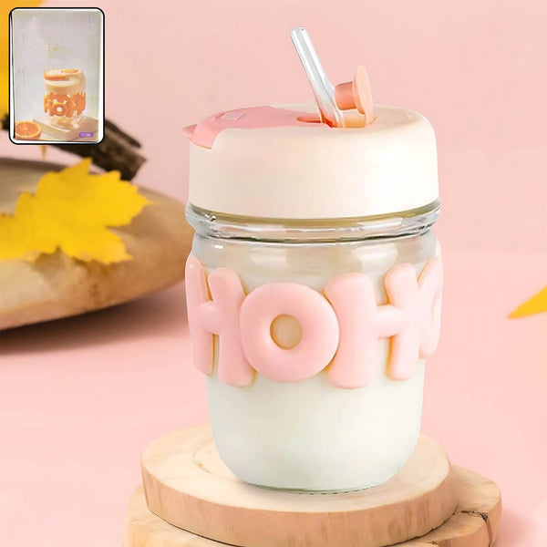 Glass Coffee/Tea Mug - 350ml Cup with Lid, Alphabet Design, Multipurpose Drinkware - dailyneed.life