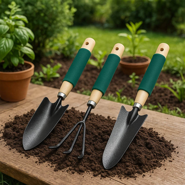 Gardening Tools - Hand Cultivator, Trowel, Heavy Duty with Ergonomic Wooden Handle for Transplanting and Digging (3 Pcs Set) - dailyneed.life