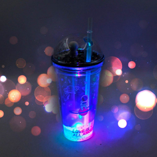 LED Glow Light, Design Printed Insulated Double Wall Plastic Tumbler Cups With Straws 13oz Theming Astronaut in Space Travel Tumbler Freezer Mug Drinking Cups for Boys and Girls School/Tuition/Gym/ Picnic (Pack Of 1) - dailyneed.life