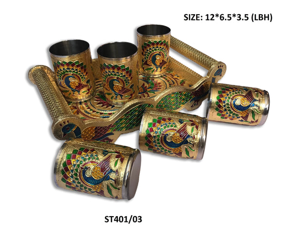 Peacock Design Glass with Handle and Handicraft Serving Tray Set - dailyneed.life