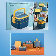 Customized BLUE DOUBLE-LAYER PORTABLE LUNCH BOX STACKABLE WITH CARRYING HANDLE AND SPOON LUNCH BOX , Bento Lunch Box - dailyneed.life