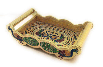 Peacock Design Glass with Handle and Handicraft Serving Tray Set - dailyneed.life