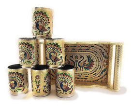 Peacock Design Glass with Handle and Handicraft Serving Tray Set - dailyneed.life