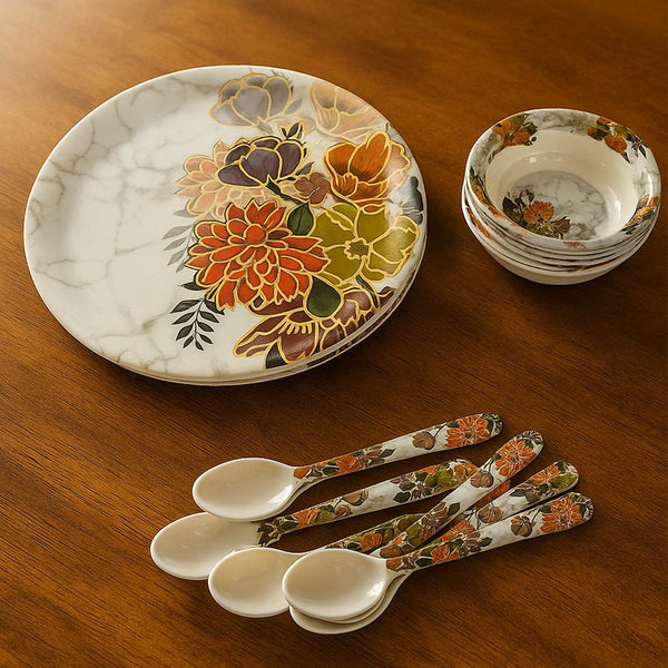 Dream 18-Piece Plastic Dinner Set – Unique Flower Design, 6 Plates, 6 Bowls & 6 Spoons, Microwave & Dishwasher Safe - dailyneed.life
