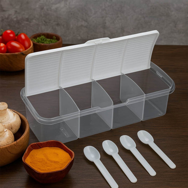 Kitchen Multipurpose Air-tight 4 Sections Storage Containers / Masala Box Pickle (Achar) Jar with 4 spoon for each section (1 Pc / Mix Color) - dailyneed.life