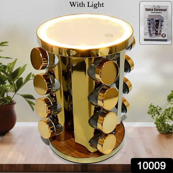 LED Spice Rack Organizer, Rotating Spice Rack with Free 16 Seasoning Jars, Revolving Tower Organizer Stainless Steel for Kitchen Storage (Golden / 16 Pc / MOQ - 6 pc) - dailyneed.life