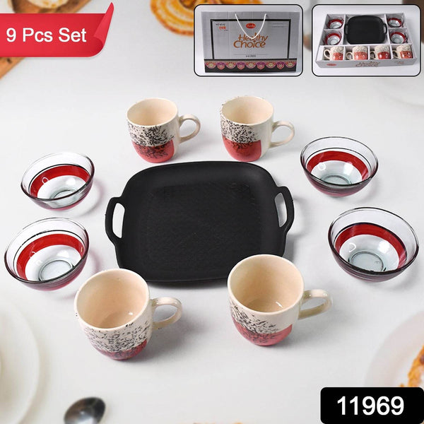 Healthy Choice Set Of 4pc Ceramic Cup And 4pc Glass Bowl With Plastic Plate (9 Pcs Set) - dailyneed.life