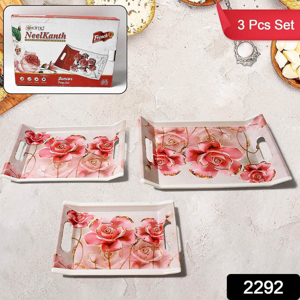 Plastic Rectangular Shape Flower Printed Design Serving Tray 3 pcs Home and Kitchen Use (3 pcs set) - dailyneed.life