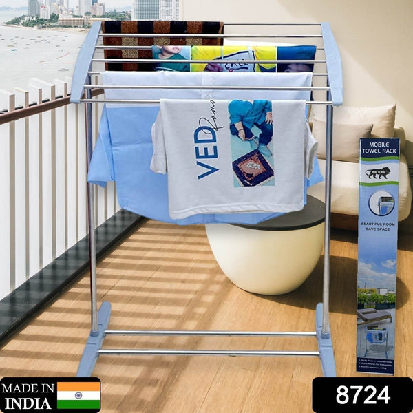 Multi-Functional Single Tier Mobile Towel Foldable Rack for Cloth and Towel / Stainless Steel and Plastic Made Mobile Towel and Cloth Rack Holder Indoor / Outdoor Standing Movable Cloth Dryer Rack, Balcony Cloth Drying Stand - dailyneed.life