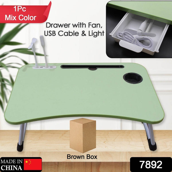 MultiPurpose Study Table Foldable Portable Notebook Bed Lap Desk Tray Stand Reading Holder with Coffee Cup Slot, Drawer, Fan, USB Cable & Light for Breakfast, Reading & Movie Watching (1 Pc Mix Color) - dailyneed.life