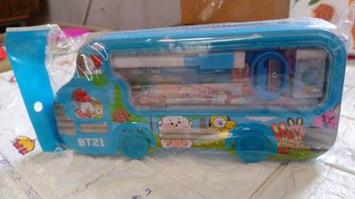 Bus Shape Compass Box for Boys, Kids School Accessories | Pencil Box with Wheels for Girls and Kids, String Operated Case Students School Supplies - Stationery Set Organizer Birthday Return Gift for Kids - dailyneed.life