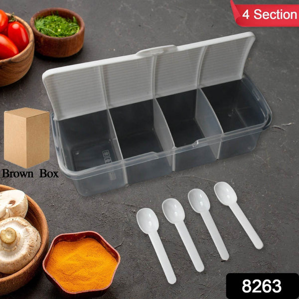 Kitchen Multipurpose Air-tight 4 Sections Storage Containers / Masala Box Pickle (Achar) Jar with 4 spoon for each section (1 Pc / Mix Color) - dailyneed.life