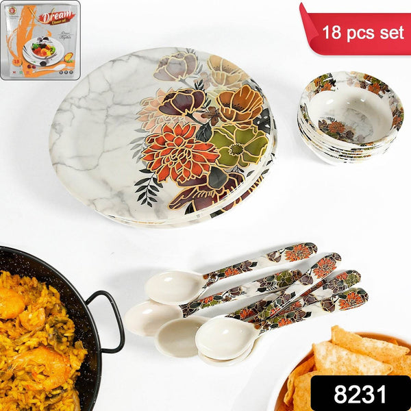 Dream 18-Piece Plastic Dinner Set – Unique Flower Design, 6 Plates, 6 Bowls & 6 Spoons, Microwave & Dishwasher Safe - dailyneed.life