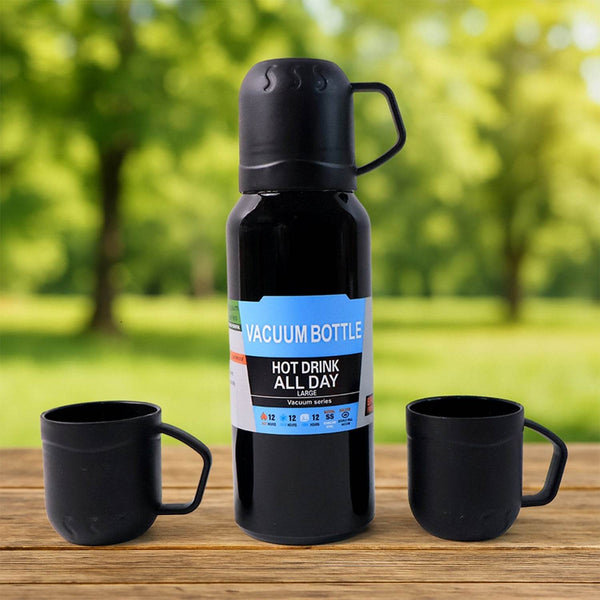 Black Vacuum Flask Set – Stainless Steel Thermos with 3 Cups, Approx 500ml - dailyneed.life