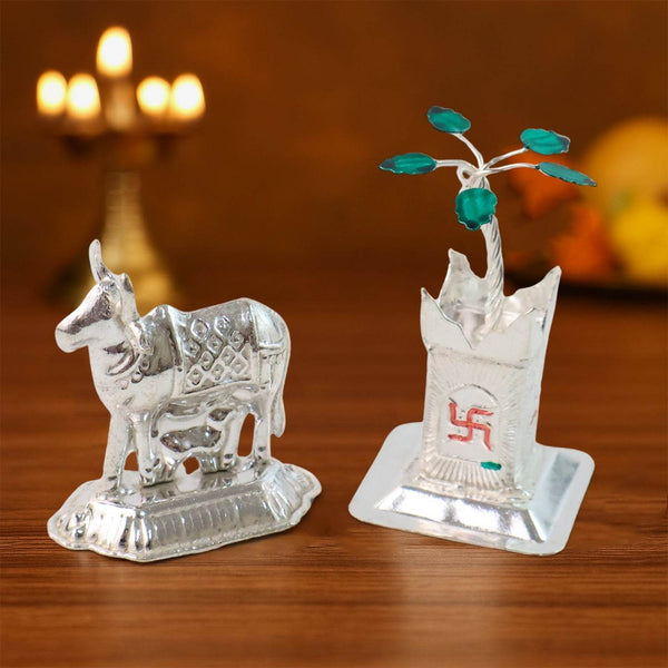 Silver-Plated Kamdhenu Cow & Tulsi Plant Pair – Pooja & Home Décor - dailyneed.life