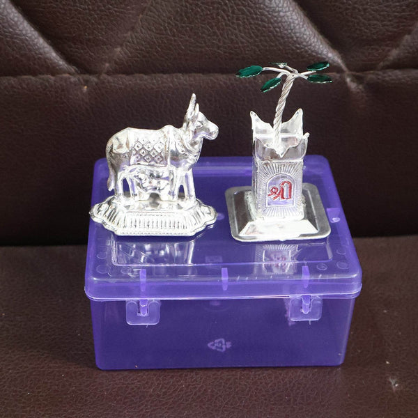 Silver-Plated Kamdhenu Cow & Tulsi Plant Pair – Pooja & Home Décor - dailyneed.life
