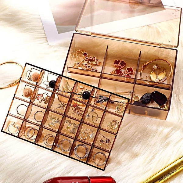 2 layer Acrylic Jewelry Storage Box Dustproof Earring Box, Storage Box Portable Nail Art Storage Case, 24-Grid Small and 6-Grid Big case Makeup Vanity Box (1 Pc / 30 Compartment) - dailyneed.life